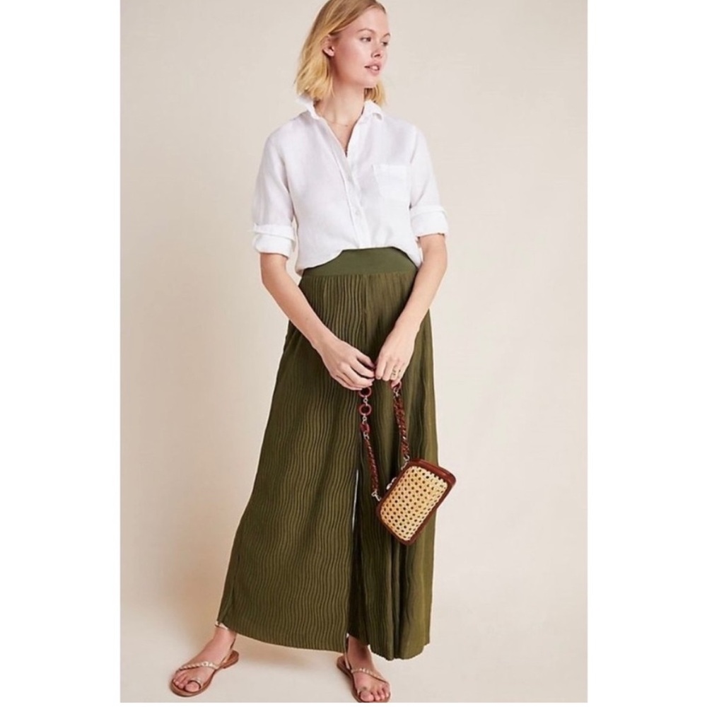 Anthropologie Green Pleated Wide Leg Flowy Pants